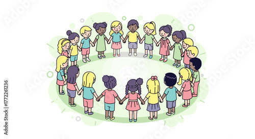A diverse group of children stand in a circle, holding hands in a show of unity and friendship, creating a colorful and inclusive representation of childhood.