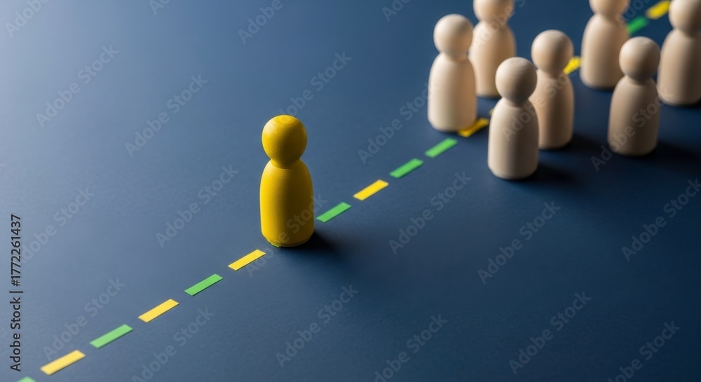 Obraz premium A yellow wooden figure leading a group of wooden figures on a dotted line path