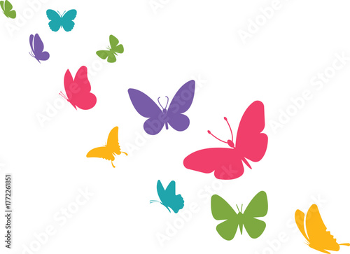 Flying butterfly icons set, colorful insect collection, silhouette and flat style group, decorative nature vector illustration, fluttering butterfly symbol, artistic insect graphic design.