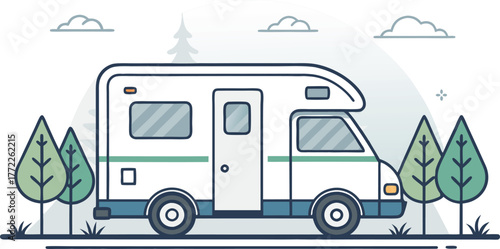 Adventure awaits with a charming camper van nestled among trees and fluffy clouds, perfect for your next getaway.