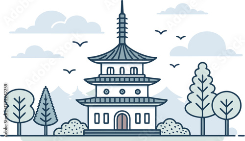 Serene Japanese pagoda architecture nestled amidst stylized trees and serene clouds, evoking tranquility and cultural heritage.