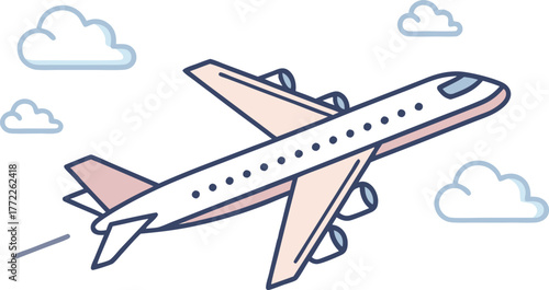 Dynamic airplane soaring through clouds, representing travel, adventure, and global connection with modern style.