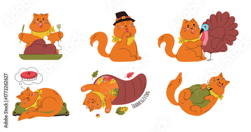 Hand-Drawn Set of Thanksgiving Illustrations Featuring Cats, Turkey, and Autumn Elements
