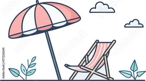 Relaxing beach scene with striped deck chair and umbrella invites summer vacation dreams and tranquil escapes, perfect for travel promotions.