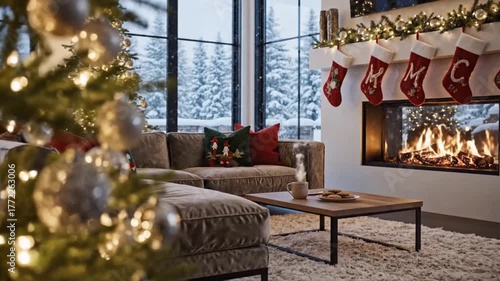 Christmas tree in living room with fireplace 