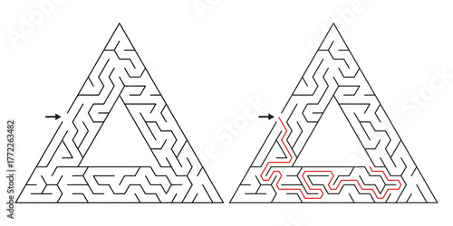 Triangular Delta Maze Game for Adult and Kids - Simple & Easy Flat Vector Black and White Outline Illustration.