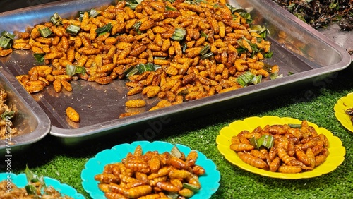 Fried silkworms in the market.