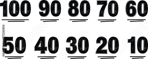 Countdown number illustration set, black and white sketch, bold digits, underlined style, descending sequence, hand-drawn outline, educational theme