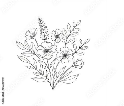 Detailed black and white floral line drawing with mixed petal and leaf shapes.