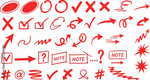 Hand-drawn annotation icon set, red sketch symbols, arrows, check marks, boxes, stars, circles, expressive markup, document design