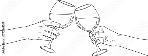 Wine toast illustration, black and white sketch, two hands clinking glasses, celebration gesture, hand-drawn outline, coloring page