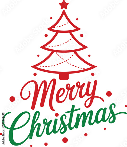 Merry Christmas Calligraphy with Stylized Red and Green Tree Outline, Festive Holiday Greeting Vector for Cards, Decorations, and Seasonal Celebration Design