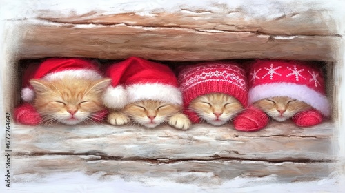  A model gently cuddles a calm tabby cat wearing a tiny Santa hat, both looking at the camera with soft even lighting against a solid white backdrop, capturing a peaceful Christmas moment