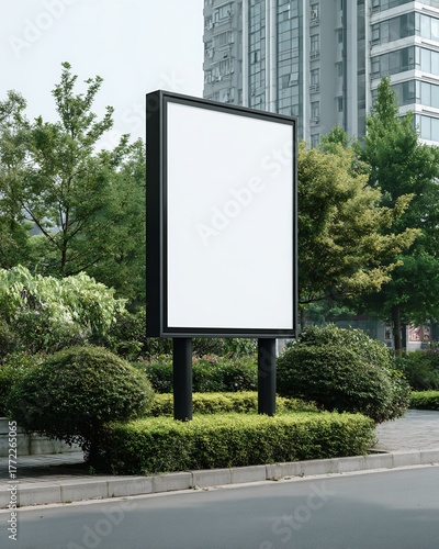 Blank White Billboard Surrounded by Greenery on City Street on Bright Day