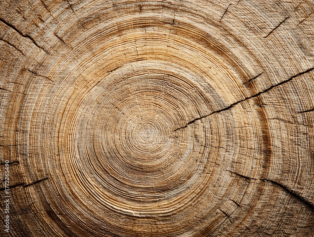 Naklejka premium Close Up of Tree Rings with Radial Cracks Pattern Texture and Detailed Grain in Warm Light