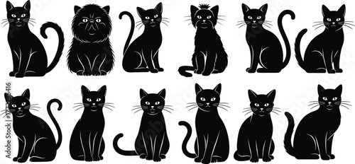 Black cat illustration set, stylized feline vector icons, domestic pet silhouette collection, cute animal graphic, breed diversity design, isolated cartoon poses