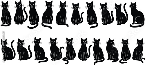 Black cat silhouette icon set, minimalist feline vector illustration, sitting pose graphic, whiskers and tail design, cute pet animal collection, isolated symbols
