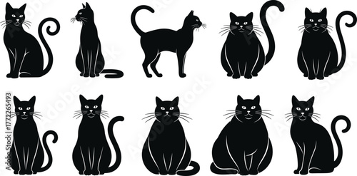 Black cat silhouette icon set, various feline poses vector illustration, sitting and walking pet design, whiskers and tail graphic, isolated animal symbols
