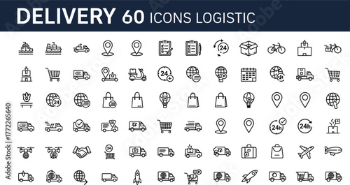 Delivery and logistics icon set, shipping vector symbols, transport tools, courier service illustration, black silhouette design, e-commerce and global freight graphic