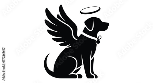 Silhouette of a beloved dog with angel wings and a halo remembering a cherished pet