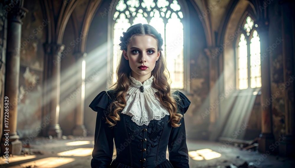 Fototapeta premium Gothic Victorian Woman in Ruined Castle Hall with Dramatic Sunlight Rays