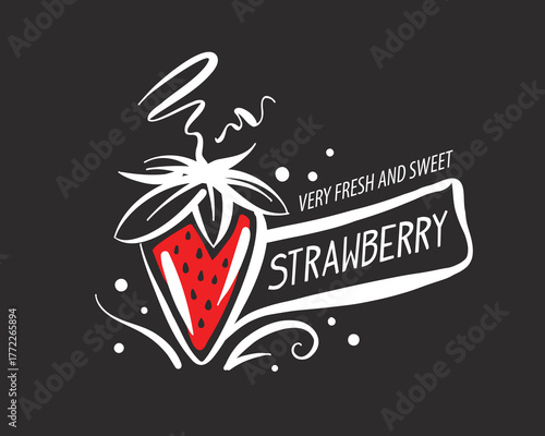 Hand-drawn vector strawberry logo on black background