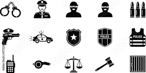 Law enforcement icon set, police symbols, crime prevention vector, justice system illustration, black silhouette design, forensic and legal elements collection