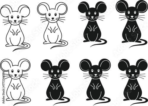 Mouse cartoon icon set, black and white vector illustration, cute rodent character design, sitting pose graphic, animal silhouette collection, isolated symbols