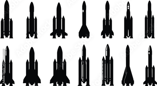 Rocket silhouette icon set, black vector illustration of launch vehicles, space shuttle design, aerospace engineering graphic, isolated spacecraft shapes, booster collection