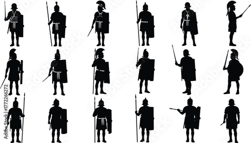 Roman soldier silhouette icon set, ancient warrior vector illustration, black military figure design, historical combat pose collection, antique armor graphic, isolated symbols