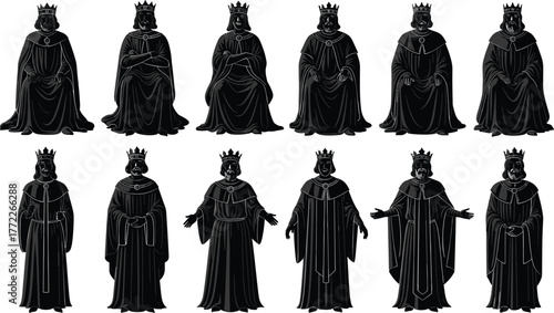 Royal character design, crowned king figures, seated and standing poses, medieval robes, dark silhouette style, fantasy illustration, vector art for storytelling