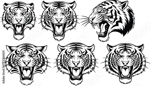 Tiger head icon set, roaring wild animal silhouette, black vector illustration, aggressive feline graphic, jungle predator design, isolated face expressions