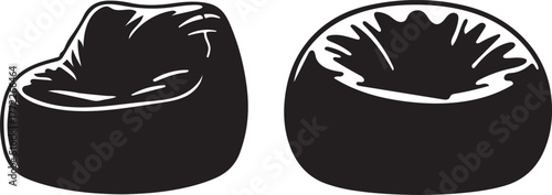 Two black bean bag chairs shown from different angles on a white background