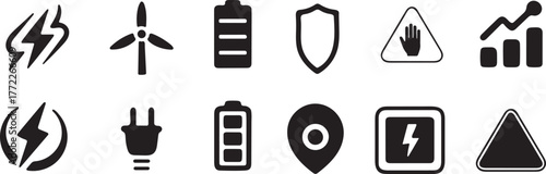 Collection of modern icons representing renewable energy power and sustainability concepts