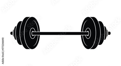 Black barbell with weight plates for strength training and fitness workouts gym equipment