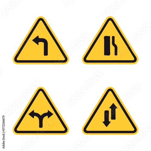Road Warning Signs Set – Triangle Traffic Symbols and Caution Vector Illustration
