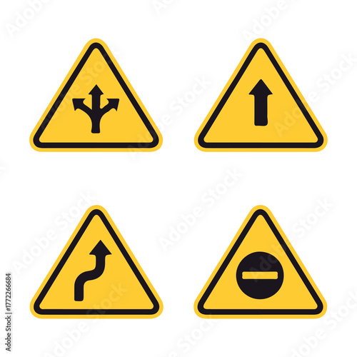 Road Warning Signs Set – Triangle Traffic Symbols and Caution Vector Illustration

