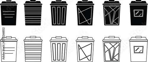 Trash bin icon set, black and white vector illustration, garbage container design, waste disposal symbol, urban sanitation graphic, isolated recycling shapes