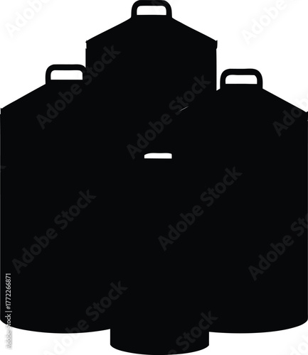 Three Storage Canisters Silhouette Metal Tanks Isolated Liquid Containers Black