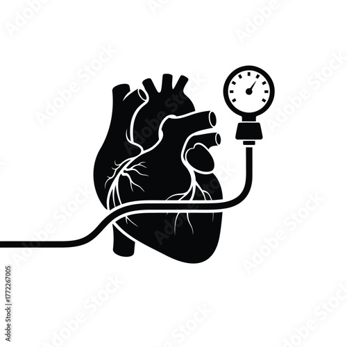 Human heart connected to blood pressure monitor. Medical cardiology health device