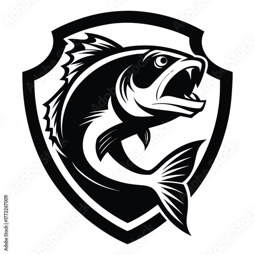 Aggressive black and white emblematic bass fish leaping out of a shield shape symbolizing fishing and outdoor adventure