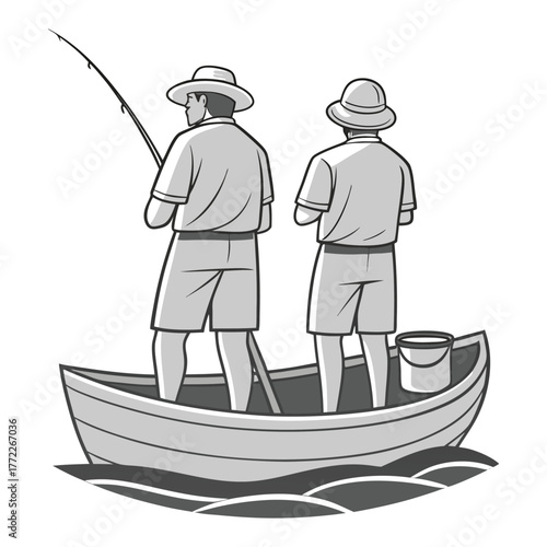 Two men wearing hats and shorts stand in a small rowboat on the water one casting a fishing rod the other watching with a bucket in the boat rendered in a vintage black and white illustration style
