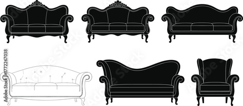 Vintage sofa and armchair icon set, classic furniture silhouette collection, black vector illustration, interior design graphic, antique seating element design