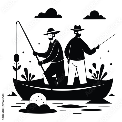 Two men wearing hats fishing from a small boat on the water with plants and clouds in a stylized black and white illustration
