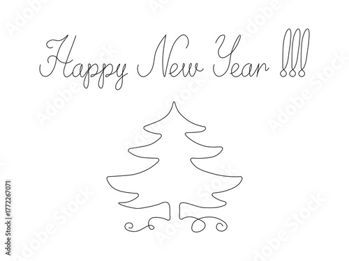 Greeting card with lettering Happy New Year and christmas tree fir, continuous single one line art hand drawing sketch, logo on white background