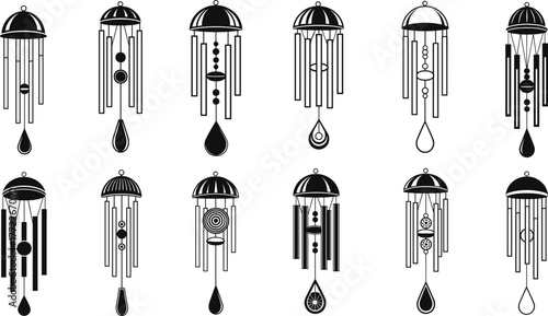 Wind chime icon set, black and white vector illustration, hanging decorative ornament design, musical garden decor graphic, spiritual charm collection, isolated symbols