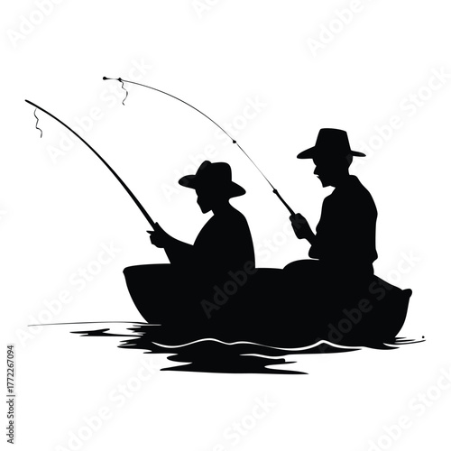 Two silhouetted figures wearing hats sitting in a boat fishing together on the water with rods bent