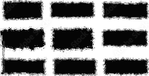 Jagged edge torn paper background collection. Black vector rough edge rectangles. Grunge square frames set. Paint brush strokes. Grungy distressed text boxes. EPS version.