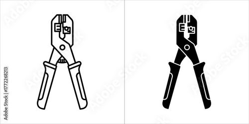 Wire stripper tool icon, black and white outline and filled versions