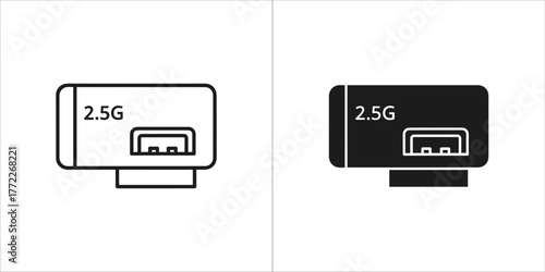 Two icons of a 25g network adapter, one in outline and one in solid black